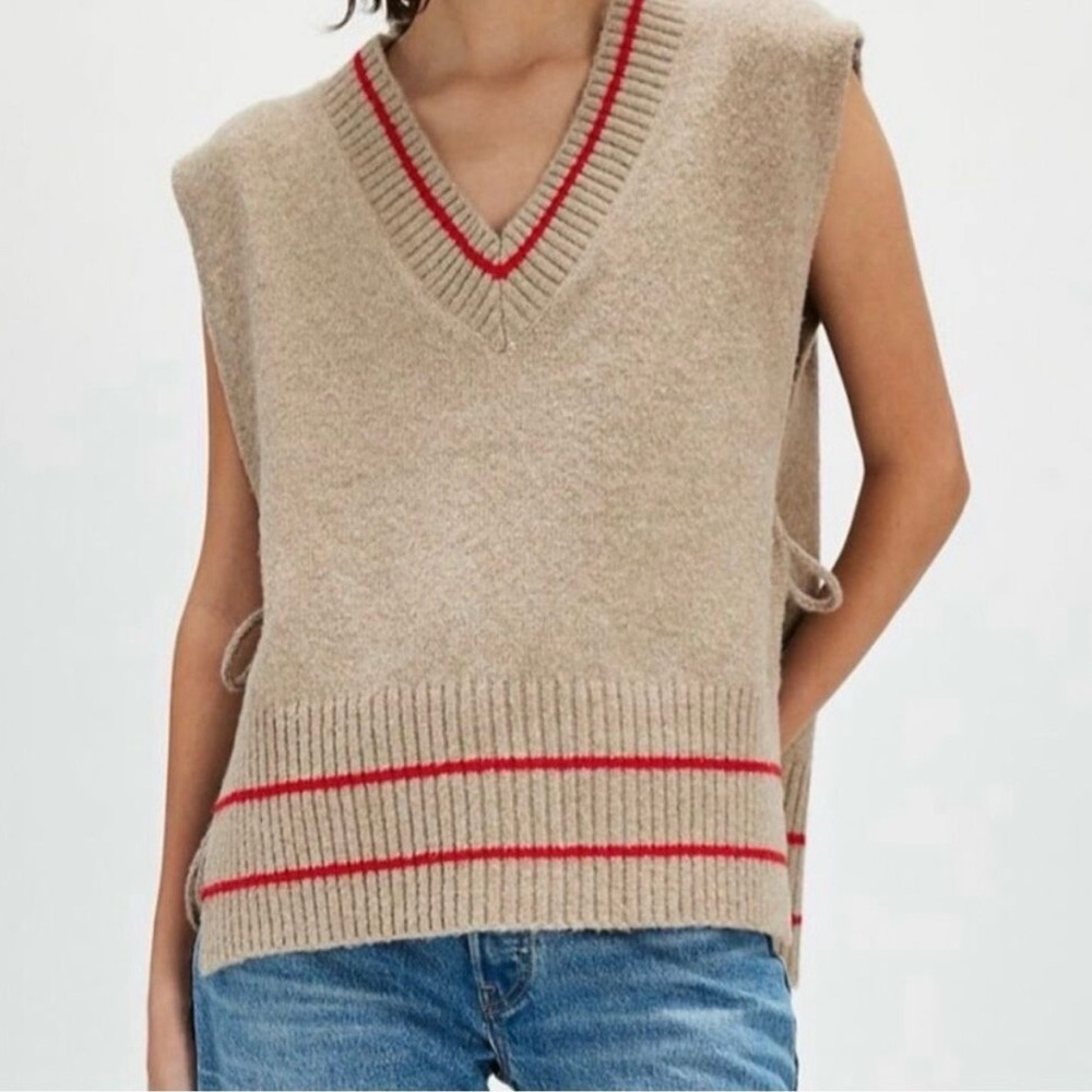 Free People Tan and Red V-Neck Sweater Vest with open sides and ties